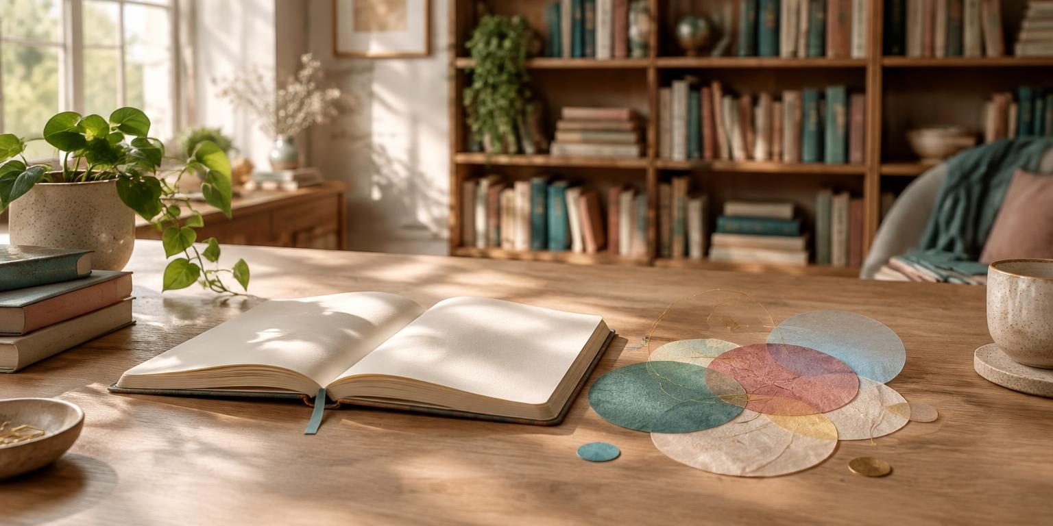 An open notebook in a calm library setting